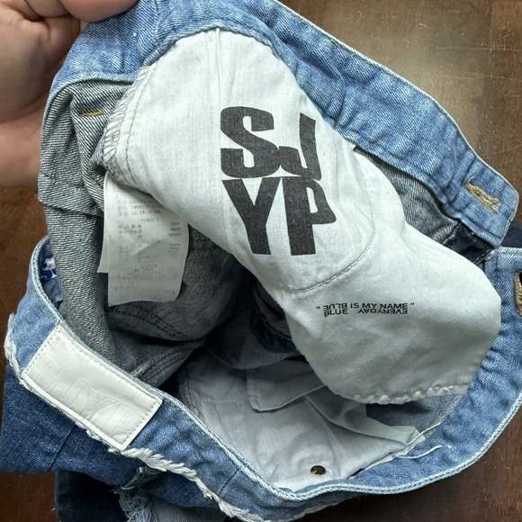 SJYP Womens Denim Patchwork Asymmetrical Fringe Pencil Skirt Blue Size Medium‎ - Picture 4 of 8